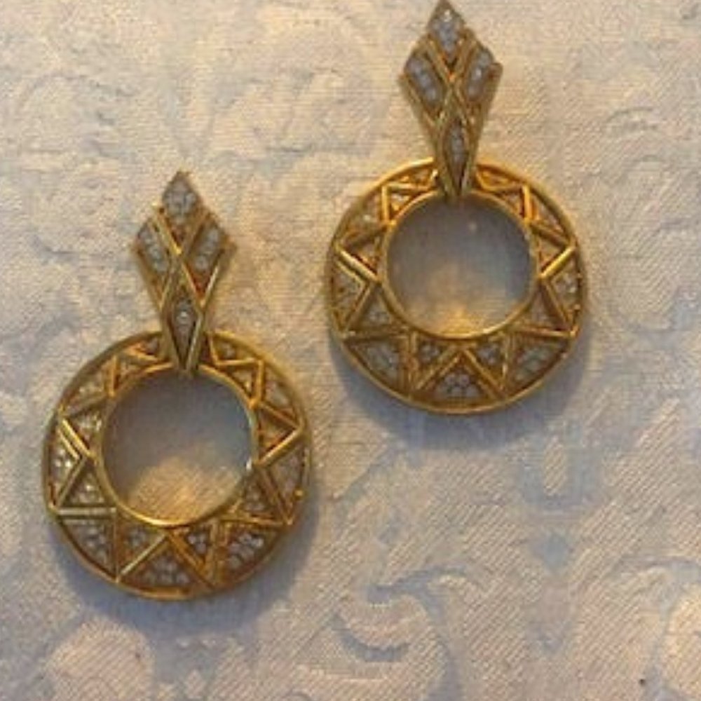 Large Round Vintage Golden Earrings with rhinestones sparkling geometric design - Picture 1 of 5
